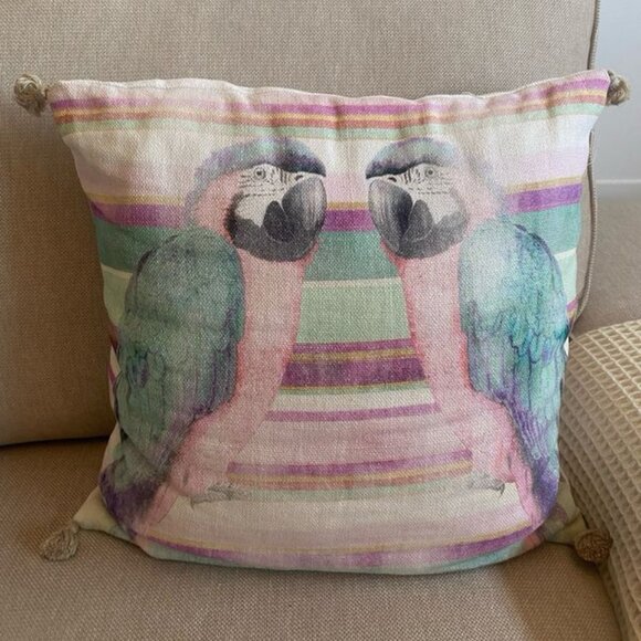 Pink Blue Pastel Watercolour Linen Look Parrot Bird + Tiger Pillowcase Set - Picture 2 of 13